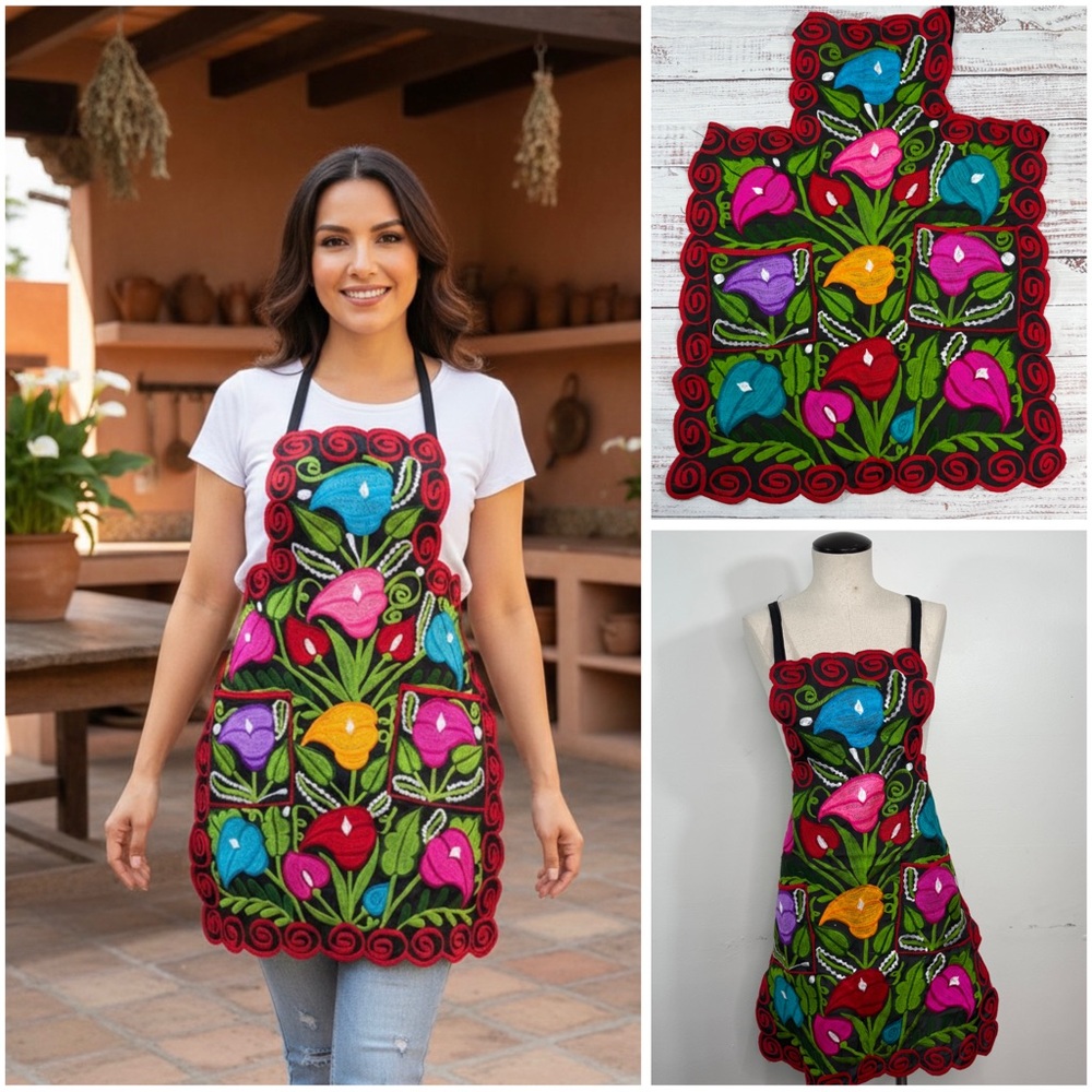 Mexican Embroidered Colorful Floral Calla Lily Zinacantan Artisan Apron